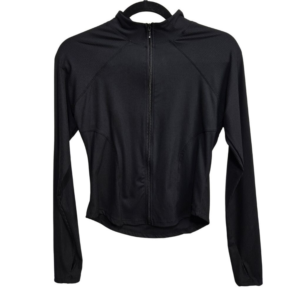 Black Lightweight Zip Up Athletic Jacket Ribbed Fitted Size L (Runs Small)